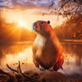 Ai Generated illustration Wildlife Concept of Capybara in morning light Royalty Free Stock Photo