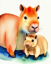 Capybara Mother and Baby in Watercolor Style