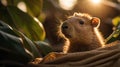Capybara Portrait in Golden Light Amidst Lush Green Foliage and Peaceful Ambient Royalty Free Stock Photo