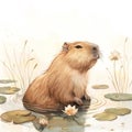 Capybara in a pond surrounded by water lilies