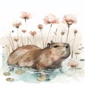 Capybara in a pond surrounded by water lilies
