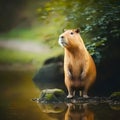 Capybara At Rainforest River. Generative AI