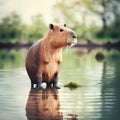 Capybara At Rainforest River. Generative AI