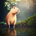 Capybara At Rainforest River. Generative AI