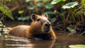 Capybara relaxing in muddy water surrounded by greenery Royalty Free Stock Photo