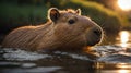 Capybara Swimming Peacefully in Golden Light of Sunset, Serene Wildlife Portrait Royalty Free Stock Photo
