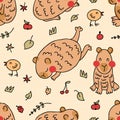 Capybaras and chickens seamless pattern in hand drawn style. Perfect print for tee, paper, textile and fabric. Doodle vector