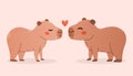 Capybaras in love. Vector illustration of two capibaras with heart on pink. Print for card, tshirt design, poster.