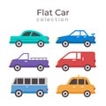 Flat cars set. Taxi and minivan, cabriolet and pickup. Bus and suv, truck. Urban, city cars and vehicles transport vector Royalty Free Stock Photo