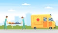 Car Accident with Ambulance and Man Victim Carried by Doctors Vector Illustration