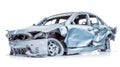 Car accident, broken damaged body metal. Life insurance, technology. Blue car white background. AI generated.