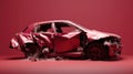 Car accident, broken damaged body metal. Life insurance, technology. Crimson car Crimson background. AI generated.
