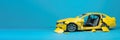 Car accident, broken damaged body metal. Life insurance, technology. Yellow car blue background. AI generated.