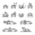 Car accident, Car crash related vector icon set. thin line style.