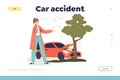 Car accident concept of landing page with auto crashed into tree, female driver calling to insurance