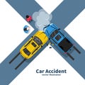 Car accident concept. Two crash cars top view. Transport incident, cartoon style. Royalty Free Stock Photo