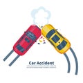 Car accident concept. Two crash cars top view. Vector flat. Royalty Free Stock Photo