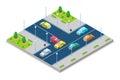 Car accident and crash, vector isometric 3D illustration. Collision at intersection of the main and secondary roads.