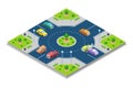 Car accident and crash, vector isometric 3D illustration. Collision at roundabout junction road.