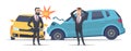 Car accident. Damaged autos angry scared men. Businessmen vector character and crashed cars
