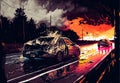 car accident on highway at sunset in light rain illustration Royalty Free Stock Photo