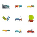 Car accident icons set, cartoon style