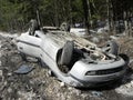 Car accident, overturned car. The accident happened in the winter on a slippery road.