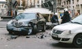 Car accident on PAris street between luxury limousine Lancia Th