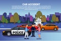 Car Accident On Road Drivers With Police Standing Over Broken Vehicle Collision Concept