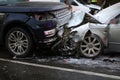 Car accident on the road head-on between two cars