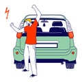 Car Accident on Road, Stressed Male Character Yelling and Waving Fists Stand on Roadside at Automobile. City Traffic