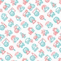 Car accident seamless pattern with thin line icons: crashed cars, tow truck, drunk driving, safety belt, traffic offense, car