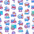 Car accident seamless pattern with thin line icons: crashed cars, tow truck, drunk driving, safety belt, traffic offense, car