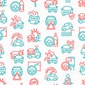 Car accident seamless pattern with thin line icons: crashed cars, tow truck, drunk driving, safety belt, traffic offense, car