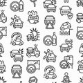 Car accident seamless pattern with thin line icons: crashed cars, tow truck, drunk driving, safety belt, traffic offense, car