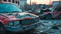 car accident statistics with Rows of wrecked cars in an impound lot, broken glass, damaged bumpers Royalty Free Stock Photo