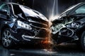 Car accident of two cars, collision of cars. Two cars are damaged after a head-on collision, a car accident. Car accident on the