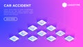 Car accident web page template with thin line isometric icons: crashed cars, tow truck, drunk driving, safety belt, traffic