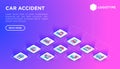 Car accident web page template with thin line isometric icons: crashed cars, tow truck, drunk driving, safety belt, traffic