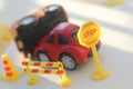 Car Accident zone cordoned off with a yellow stop sign post Royalty Free Stock Photo