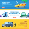 Car accidents. Damaged and broken automobiles scene of carsh cars vector pictures for banners