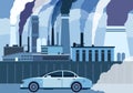 Car air pollution. City road smog, toxic air atmosphere contamination. Exhaust chemical carbon car waste, industry smoke