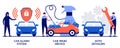 Car alarm system, car wash service, auto detailing concept with tiny people. Automobile care service vector illustration set. Anti Royalty Free Stock Photo