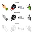 Car alarm, wheel rim, security camera, parking assistant. Parking zone set collection icons in cartoon,outline Royalty Free Stock Photo