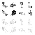 Car alarm, wheel rim, security camera, parking assistant. Parking zone set collection icons in outline,monochrome style Royalty Free Stock Photo
