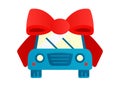 Car as a gift. Tied with red bow on blue auto. Front view of personal transport on wheels. Surprise automobile. Autocar