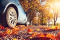 Car on asphalt road in autumn