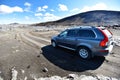 Car is in Austurleid road 910 crossing Odadahraun desert in north of Vatnajokull National Park in Central Highlands of Iceland