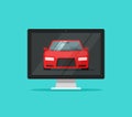 Car or auto on computer screen vector illustration, flat cartoon design pc with automobile on display isolated Royalty Free Stock Photo