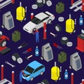 Car Auto Service Seamless Pattern Background on a Blue Isometric View. Vector